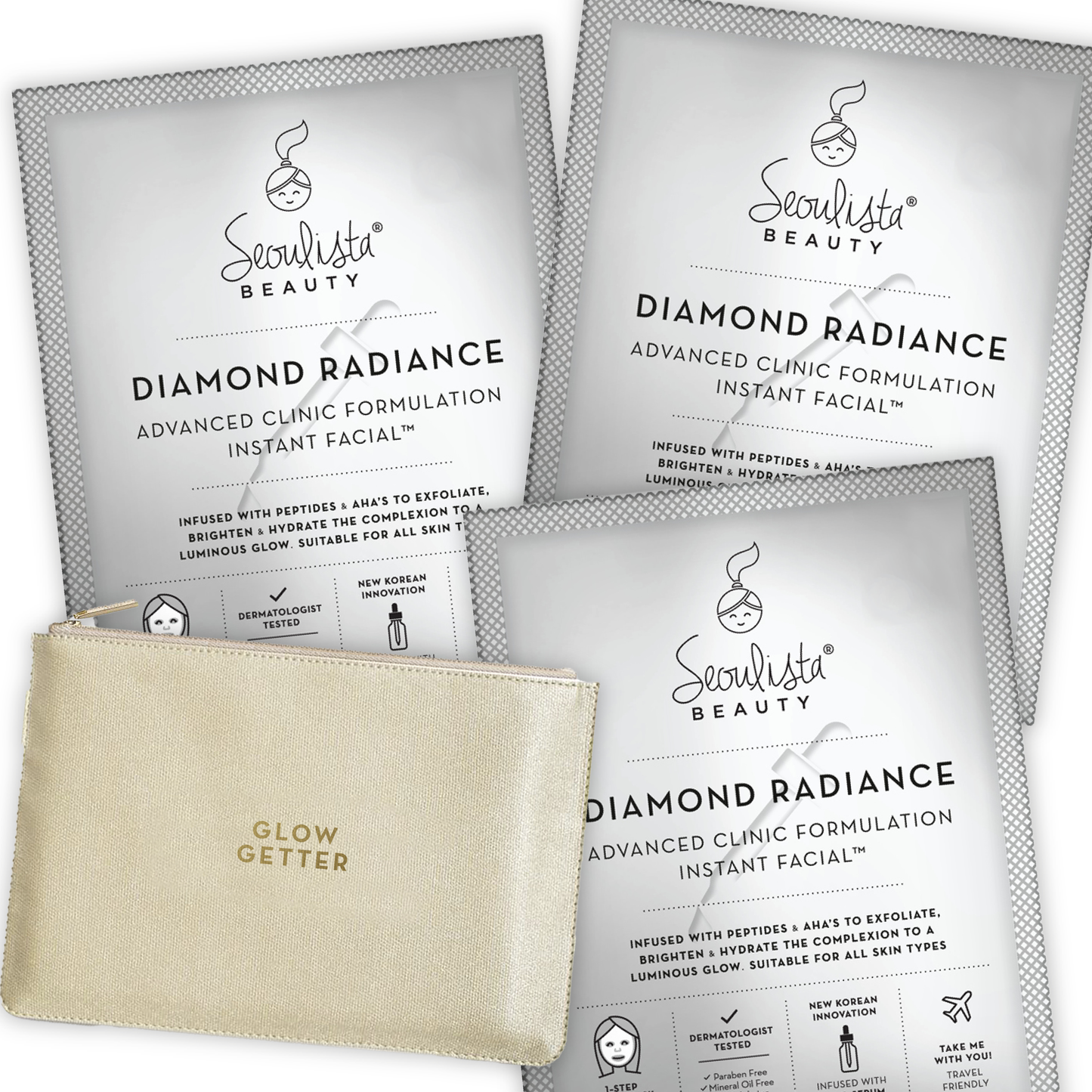 three packets of diamond radiance on a white background